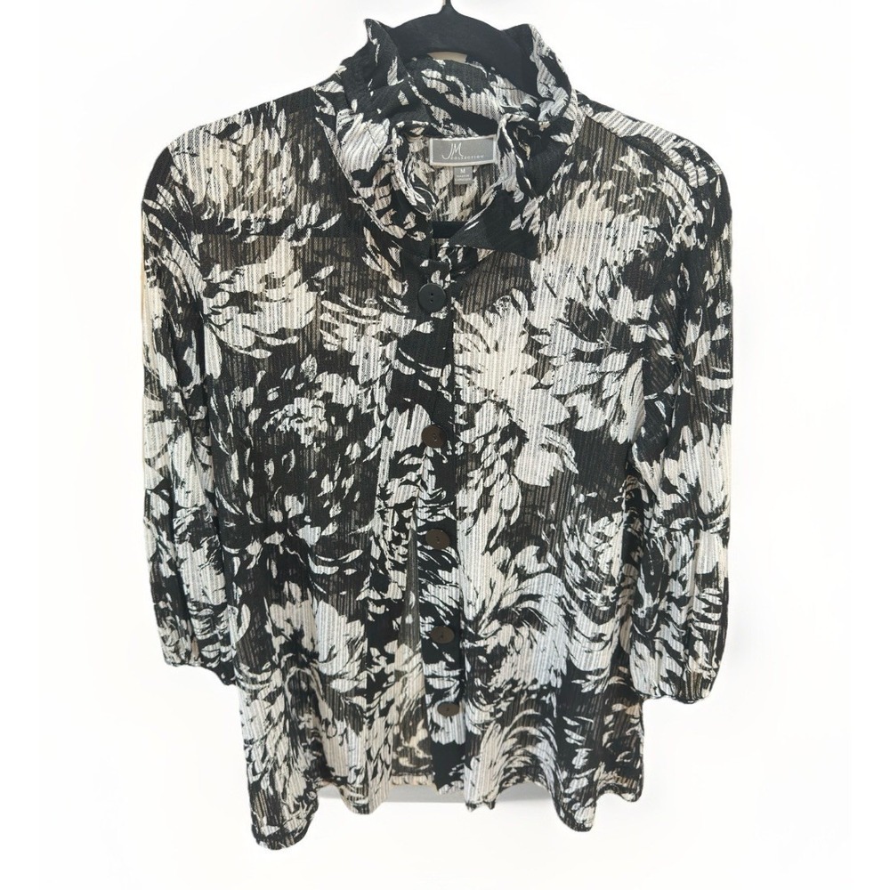 JM Collection Floral Print Blouse Womens M Black White Sheer Lightweight Workโ